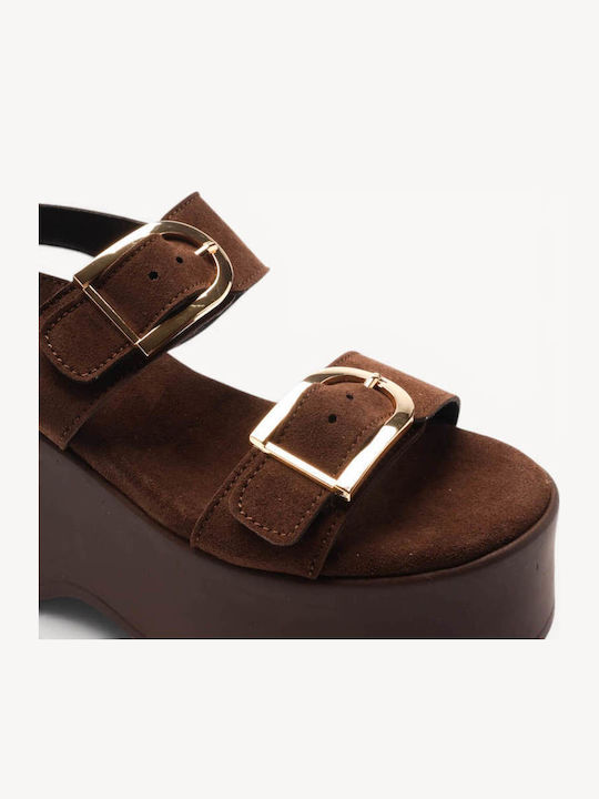 Braune Suede Damenplattformen mit Knöchelriemen Goldene Keilabsätze
