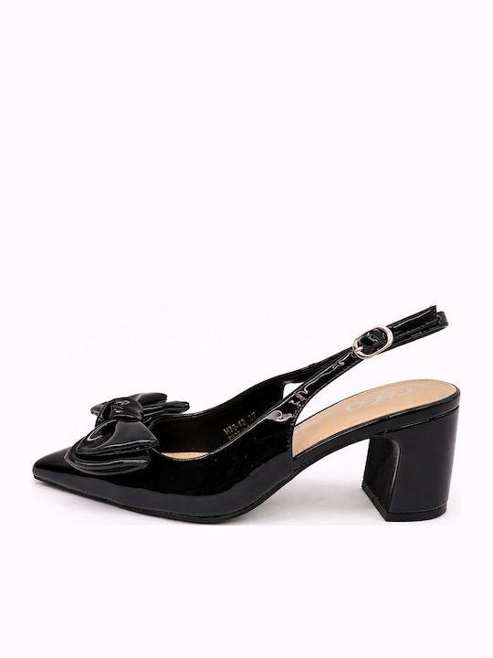 Pointed Toe Heels in Patent Leather with Strap & Chunky Mid Heel Black