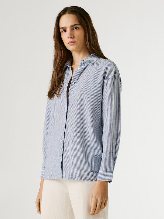 Langärmeliges Damen-Jeans-Hemd Blau Gestreift