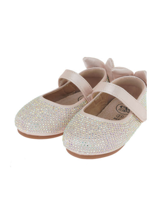 Kids Ballerinas with Hoop & Loop Closure Fabric Ecru