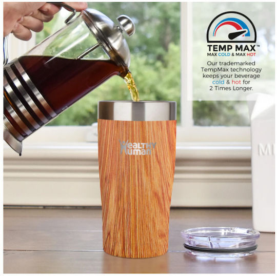 Healthy Human Recyclable Thermos Cup Stainless Steel / Plastic BPA Free 591ml Natural Wood with Straw