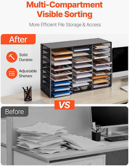 Vevor Mail Organizer 27 Slots Metallic Office Sorter Removable Wire Mesh Wooden Surface Black