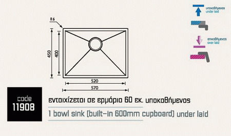 Sanitec Filo Quadra Ένθετος Νεροχύτης Inox Σατινέ Μ57xΠ45cm Ασημί