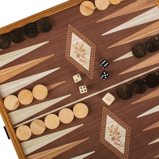 Manopoulos Backgammon/Schach aus Olivenholz mit Spielsteinen & Schachfiguren 34x34cm