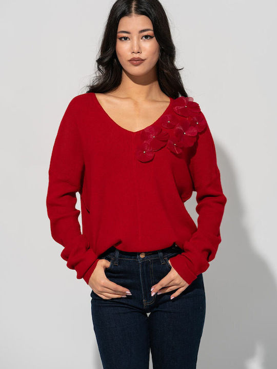 Pulover Damă Mânecă Lungă cu Decolteu în V Model Floral Roșu