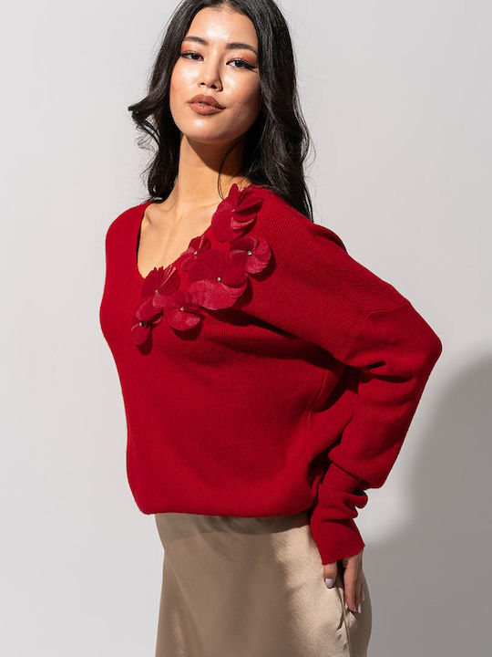 Pulover Damă Mânecă Lungă cu Decolteu în V Model Floral Roșu