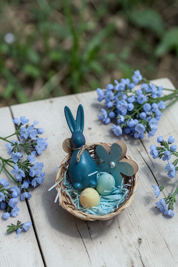 Blue Easter Basket Candle Wooden Flower Ceramic Bunny