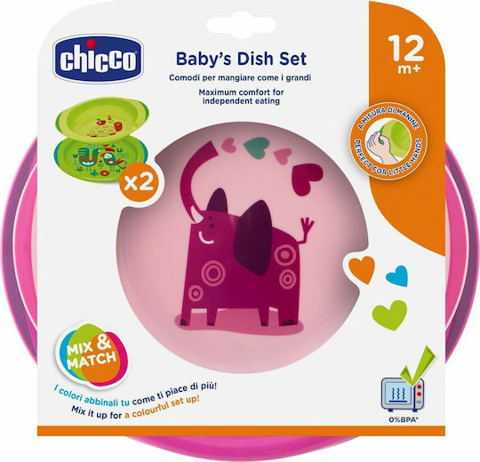 Chicco Baby Food Container Set Set Plate & Bowl 12m+ made of Plastic Pink 2pcs