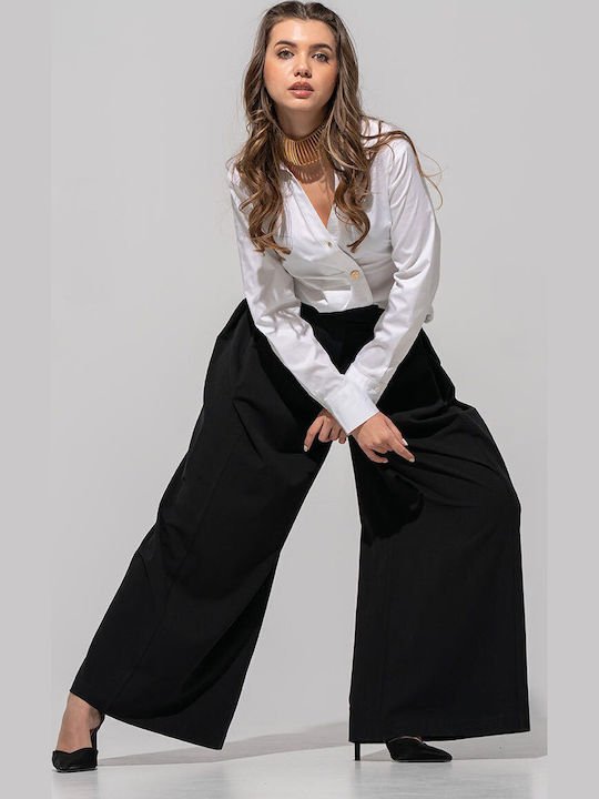 Florina Pantaloni Dama Palazzo Cu Talie Înaltă Fit Cu Dungi Negri