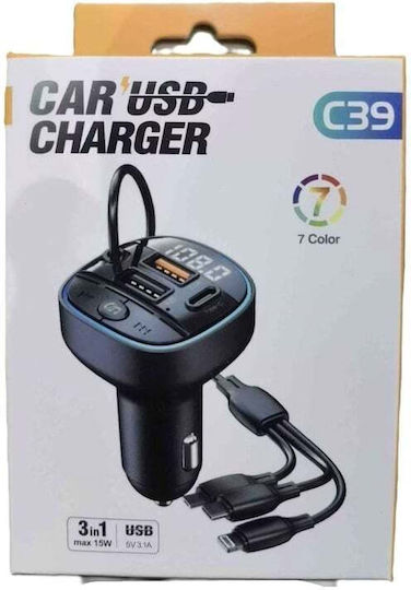 Încărcător Auto Usb Rgb Led 7 Culori 3-in-1 Port 15w Încărcare Rapidă Model C39