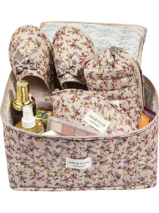Handmade Cotton Toiletry Bag Small Suitcase Mocha Flower Amaryllis Slippers Greek Made