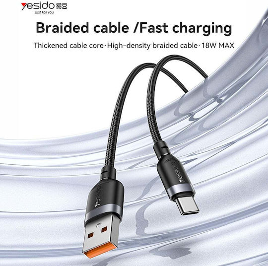 Yesido Плетен USB 2.0 Кабел USB-C Мъжки - USB-A 18W Черен 3м