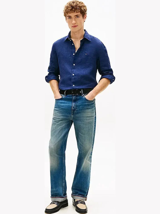 Long Sleeve Linen Shirt In Regular Fit Blue