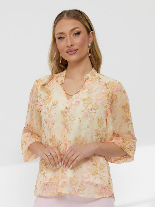 Women's Crop Top Long Sleeve with V-Neckline Floral Pink