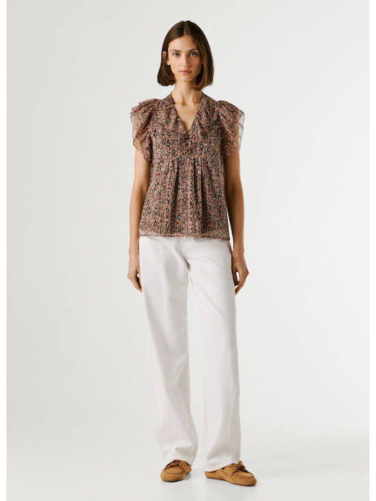 Women's Short Sleeve Blouse with V Neckline Floral Earth-Brown