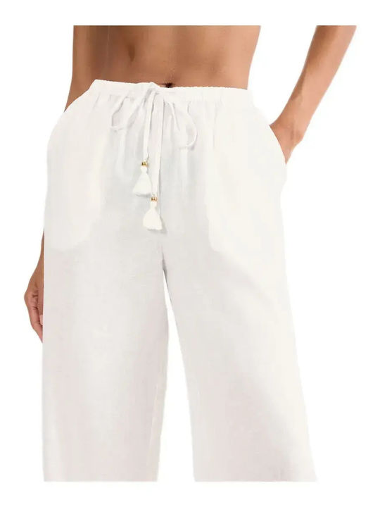 Damen Leinen Hose in Lockere Passform Cream