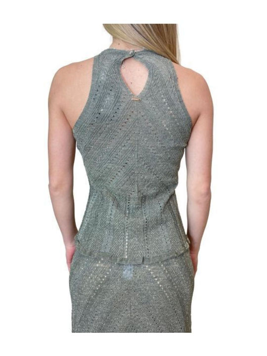 Women's Sleeveless Blouse with Neck Tie Green