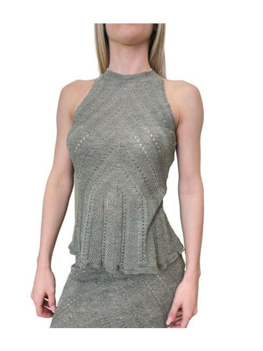 Women's Sleeveless Blouse with Neck Tie Green
