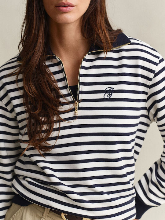 Women's Cotton Blouse with Zipper Striped Dark Blue