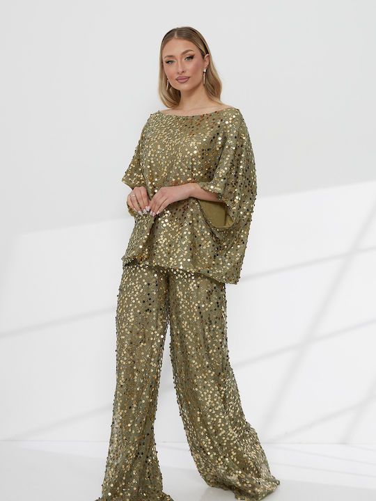 Damen Khaki Set mit Hose in Loose Passform mit Pailletten T4875_219
