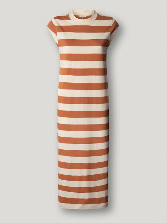 Summer Midi T-Shirt Denim Dress with Tearing Bronze-Beige
