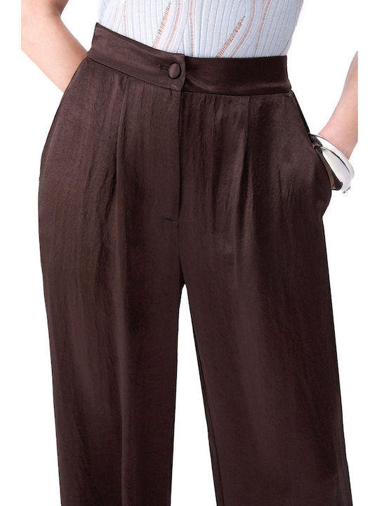 Women's Satin Trousers with Rubber Band Dark Brown