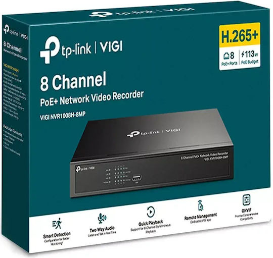 TP-LINK VIGI NVR1008H-8MP V1.20 Мрежово Устройство За Запис NVR 8 Камери 8 Порта POE+ 113W