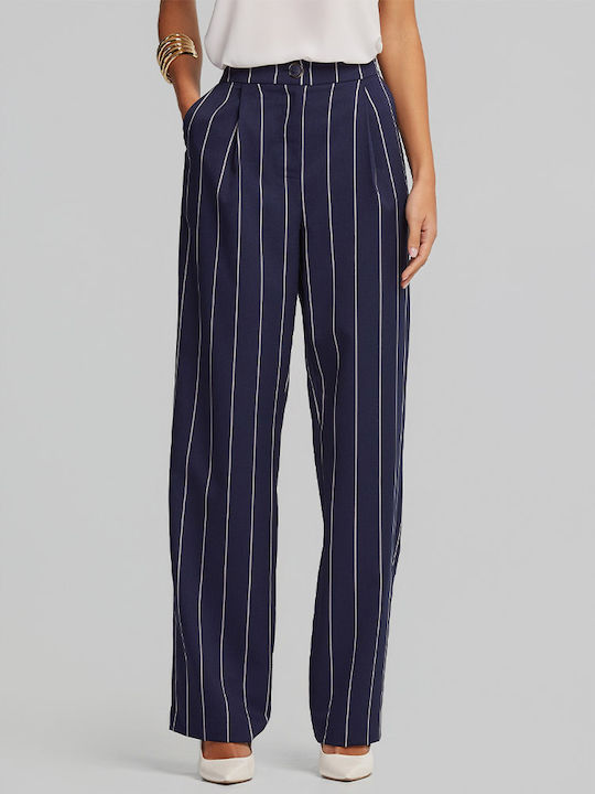 Women's High Rise Fabric Trousers in Straight Leg Striped Blue