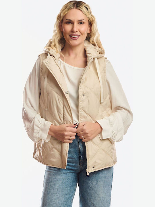 Long Women's Sleeveless Jacket for Winter Beige
