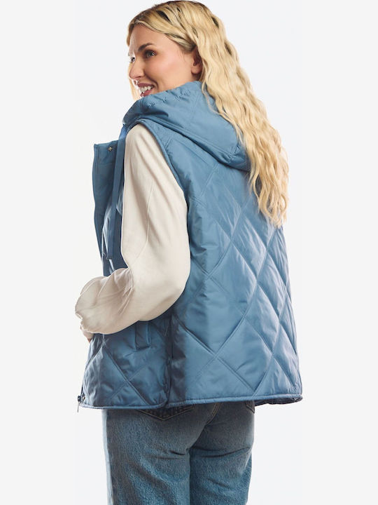 Long Women's Sleeveless Jacket for Winter Blue