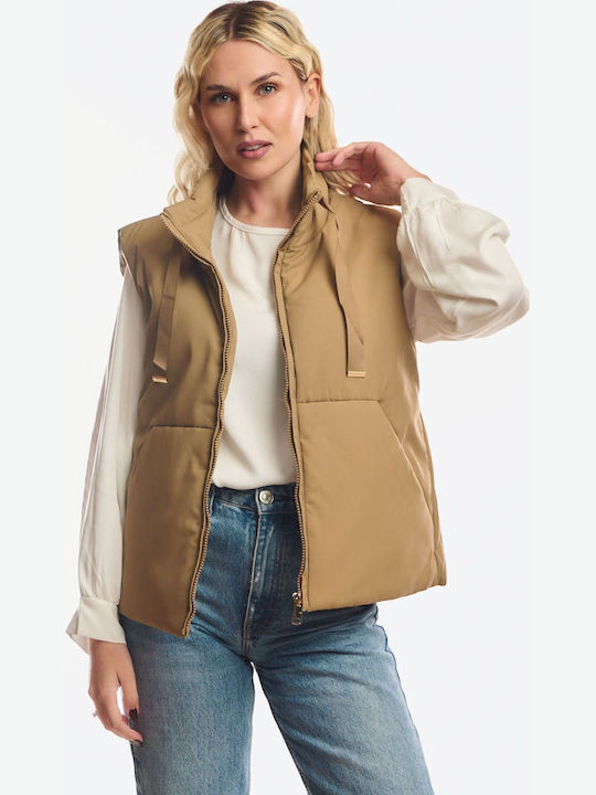 Long Women's Sleeveless Jacket for Winter Beige