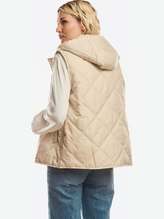 Long Women's Sleeveless Jacket for Winter Beige