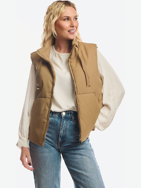 Long Women's Sleeveless Jacket for Winter Beige
