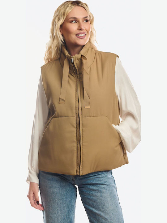 Long Women's Sleeveless Jacket for Winter Beige
