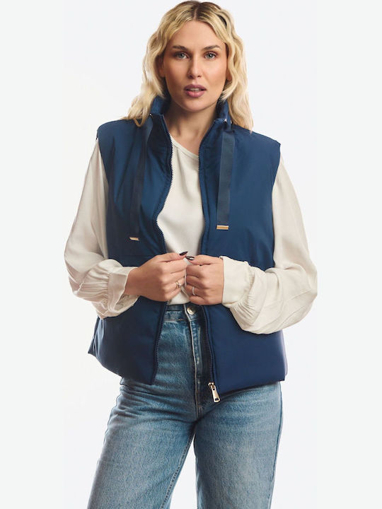 Long Women's Sleeveless Jacket for Winter Blue