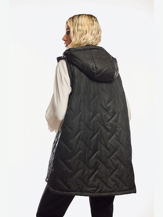 Long Women's Sleeveless Jacket for Winter Black