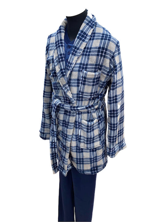 Lanotte Winter Checked Men's Robe Blue Grey Checked 3A_25_26-555
