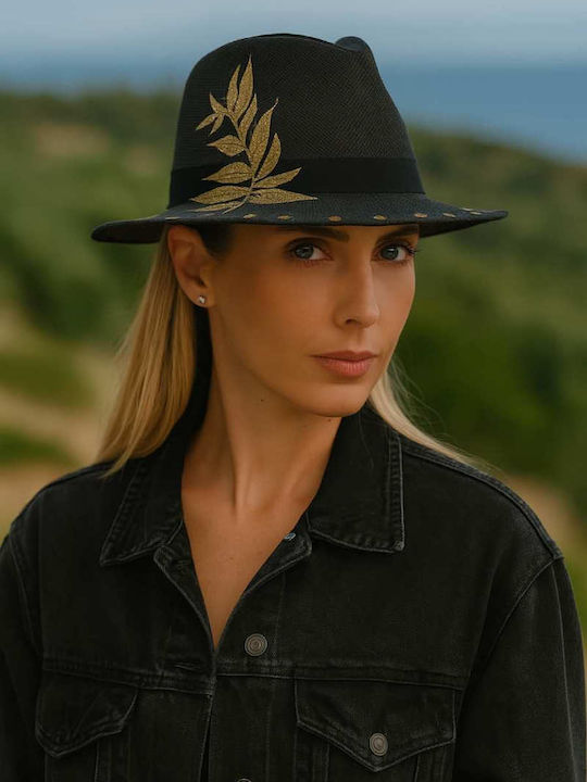 Sorena Handmade Damenhüte Rattangeflecht Fedora Schwarz