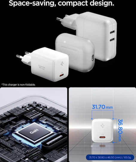 Spigen Φορτιστής με Θύρα USB-C και Καλώδιο USB-C - USB-C 45W Power Delivery Λευκός (Essential EE451EU)