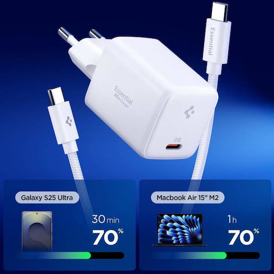 Spigen Φορτιστής με Θύρα USB-C και Καλώδιο USB-C - USB-C 45W Power Delivery Λευκός (Essential EE451EU)