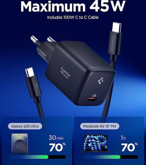 Spigen Φορτιστής GaN με Θύρα USB-C και Καλώδιο USB-C - USB-C 45W Power Delivery Μαύρος (ArcStation Essential)