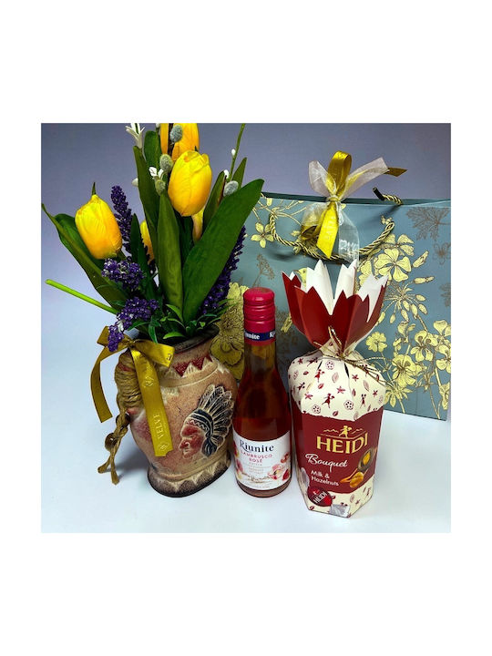 Set Elegant De Lalele Aurii Aranjament Floral În Vază Vin Rosé Heidi Praline