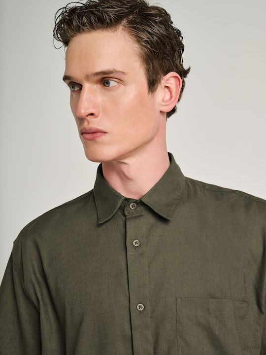 Cămașă Din In Cu Mâneca Scurtă Verde Olive 61-205.055.N0005