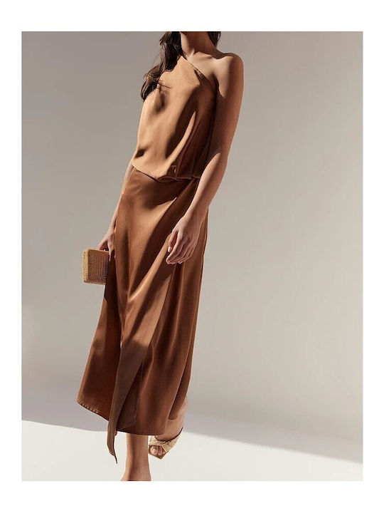 Summer Midi Dress for Wedding Christening Satin Open Back Chocolate
