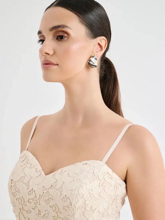 Summer Midi Dress for Wedding - Christening Strapless with Lace Beige