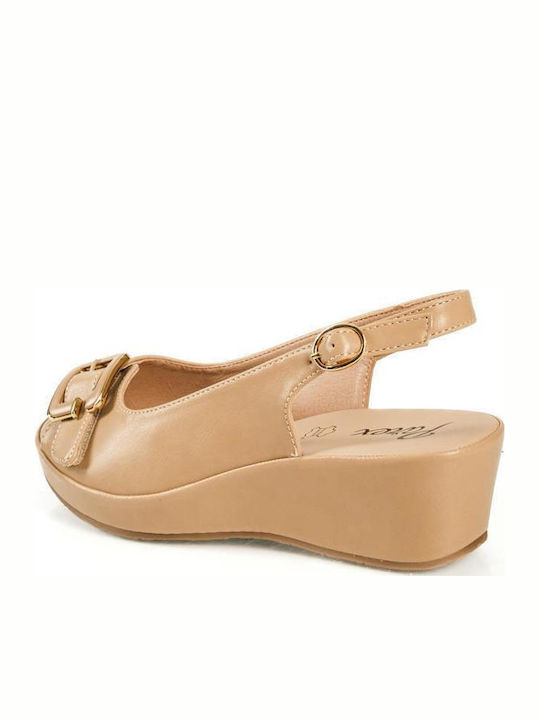 Parex Anatomic Beige Leather Platforms With Velcro On The Front Part