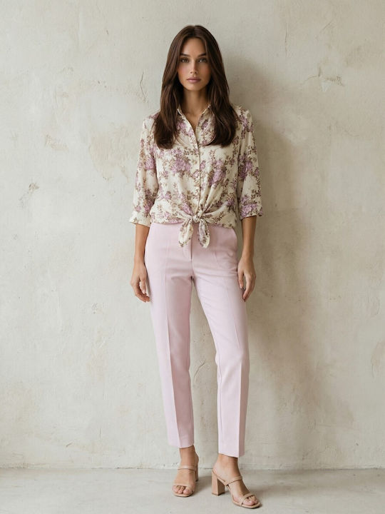 Long Sleeve Women's Denim Shirt Pink Floral