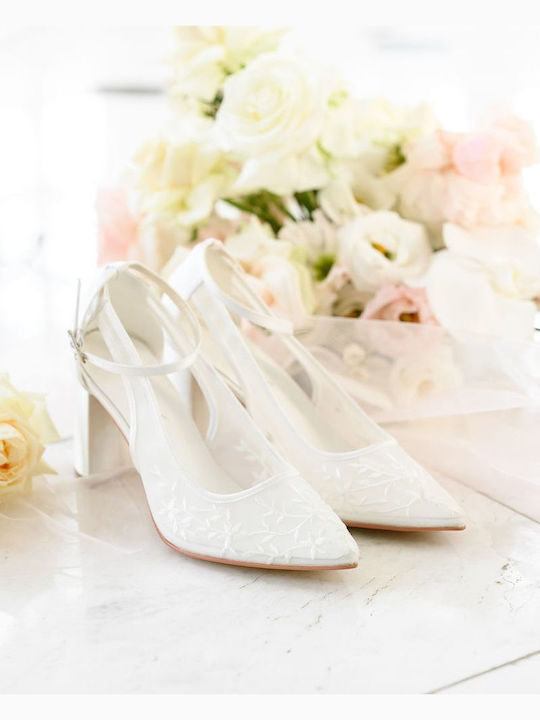 Leather Heels with Strap & High Heel Ecru
