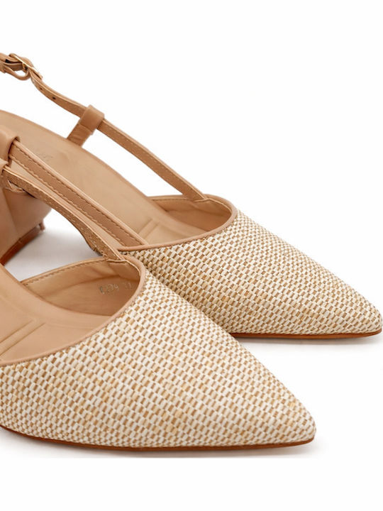 Pointed Toe Heels with Strap & Chunky High Heel Beige
