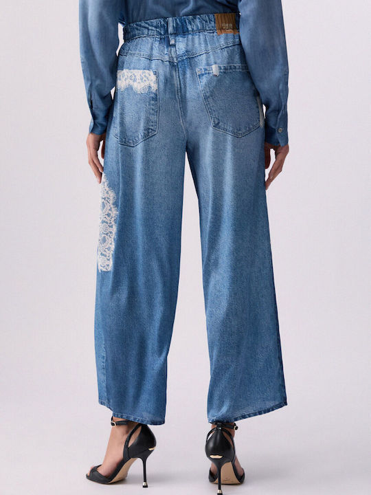 Pantaloni Dama Satin Largi Cu Pantaloni Evazați Albaștri